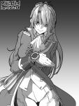  1girl absurdres ahoge aqua_eyes ascot breasts character_name commentary evil_smile girls&#039;_frontline gloves gradient_background greyscale highres lee-enfield_(girls&#039;_frontline) long_hair looking_at_viewer minami_shin_(zenshuu_bougyo) monochrome partially_shaded_face shaded_face smile solo spot_color straight-on 