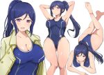  1girl absurdres barefoot blue_hair blue_swimsuit blush breasts competition_swimsuit covered_nipples highres jacket large_breasts long_hair looking_at_viewer love_live! love_live!_sunshine!! matsuura_kanan one-piece_swimsuit open_mouth ponytail purple_eyes sidelocks smile solo swimsuit wewe 