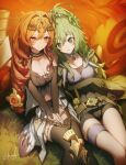  2girls bare_shoulders belt black_gloves blonde_hair blush breasts choker cleavage duel_monster elbow_gloves fur_trim genyaky gloves green_eyes green_hair hair_ornament highres jewelry large_breasts long_hair multiple_girls navel orange_eyes ponytail ritual_beast_tamer_lara shorts smile spiritual_beast_tamer_lara spiritual_beast_tamer_winda thigh_strap thighhighs winda_(yu-gi-oh!) yu-gi-oh! 