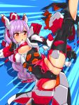  1girl :o ai_yori_akashi bodysuit braid cosmic_break cosmic_break_2 headgear high_kick highres jikun_long kicking leg_armor long_hair mecha_musume ponytail purple_hair red_eyes sweatdrop torn_clothes 