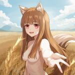  1girl :d alternate_breast_size animal_ear_fluff animal_ears blue_sky blunt_bangs blunt_ends blurry breasts brown_hair chunjiu cloud cloudy_sky completely_nude depth_of_field dot_nose fangs gyaru_v hair_over_breasts highres holo long_hair looking_at_viewer medium_breasts mountainous_horizon navel nude outstretched_arm red_eyes sidelocks sky smile spice_and_wolf sunlight tail teeth upper_body upper_teeth_only v wheat_field wolf_ears wolf_girl wolf_tail 
