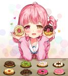  1girl blush doughnut elbow_rest food hair_ornament heart heterochromia holding holding_food long_hair long_sleeves looking_at_viewer miu_(pixiv4149478) neck_ribbon one_side_up open_mouth original pink_eyes pink_hair rabbit_hair_ornament ribbon sailor_collar smile solo table yellow_eyes 