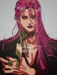  1boy black_nails collarbone diavolo film_grain grey_background hagiko15 highres jacket jewelry jojo_no_kimyou_na_bouken long_hair long_sleeves looking_at_viewer male_focus open_clothes open_collar open_jacket pink_hair polka_dot_hair portrait purple_lips ring scarf signature solo twitter_username vento_aureo 
