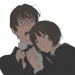  1boy 1girl amagami angry black_jacket brother_and_sister brown_hair closed_mouth collared_shirt commentary_request frown hand_on_another&#039;s_chest hands_up jacket kakeami long_sleeves looking_at_another necktie necktie_grab neckwear_grab open_mouth romaji_commentary sanpaku school_uniform shirt short_hair siblings simple_background strangling tachibana_jun&#039;ichi tachibana_miya tareme upper_body v-shaped_eyebrows white_background white_shirt wide-eyed 