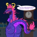 anthro belle_bottom_(minions) blurred_background breasts butt clock clock_tower despicable_me detailed_background dragon eastern_dragon english_text female genitals hand_on_butt hi_res illumination_entertainment looking_back minions_(movie) mythological_creature mythological_scalie mythology outside purple_body pussy scalie sharkinwaves solo spread_butt spreading text whiskers