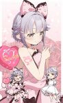  1girl :3 ;d balloon blush bow character_name chibi chibi_inset commentary_request dress floral_background hair_bow hair_flaps half_updo hand_on_own_hip heart_balloon highres idolmaster idolmaster_cinderella_girls koshimizu_sachiko looking_at_viewer multiple_views one_eye_closed open_mouth pink_dress purple_hair short_hair smile strapless strapless_dress yukie_(kusaka_shi) 