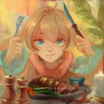  1girl :q ahoge animal_ears black_shirt black_sleeves blonde_hair blue_eyes candle chili_pepper closed_mouth commentary english_commentary eyelashes fire floppy_ears food frilled_sleeves frills highres indoors kanlamari long_sleeves looking_at_food original pepper_shaker pink_scarf plant plate potted_plant rabbit_ears salt_shaker scarf shirt short_hair smile solo steak tongue tongue_out upper_body 