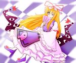  1girl blonde_hair closed_mouth dress folding_fan frilled_dress frills gap_(touhou) hand_fan hat hat_ribbon highres holding holding_fan light_blush long_hair long_sleeves mob_cap one_eye_closed purple_footwear purple_tabard red_ribbon ribbon smile solo tabard touhou very_long_hair wide_sleeves yakousei_no_kame yakumo_yukari yin_yang yin_yang_print 