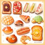  animal-themed_food artist_name beans border bread bread_slice brown_border butter commentary croissant egg_(food) food food_focus fruit hot_dog may_illust5 melon_bread no_humans original sandwich strawberry white_background 