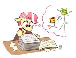 anthro book earth_pony equid equine fan_character female fur gold_(metal) gold_tooth golden_keylime_(oc) golden_string_peach_(oc) hair hasbro horse male mammal multicolored_hair my_little_pony pen pink_hair pony red_eyes redxbacon simple_background stick_figure thought_bubble two_tone_hair white_background white_hair yellow_body yellow_fur