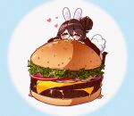  1girl :3 abottleofstars animal_ears blush_stickers bread_bun brown_hair burger cheese chibi closed_eyes commentary drooling english_commentary food food_focus foodgasm glasses hair_bun heart highres lettuce long_hair onion original oversized_food oversized_object rabbit_ears rabbit_tail saliva sauce sesame_seeds sliced_cheese solo sparkle tail tomato tomato_slice 