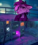 american_opossum anthro bandage blade_runner building clothing footprint glistening glistening_eyes hair hi_res lonely male mammal marsupial night outside parody purple_light ruddi sad snow solo window winter