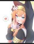  1girl absurdres animal_ears animal_hood black_dress blue_archive blue_eyes blush cat_ears dress flower habit halo hat hat_flower heart highres hood long_hair looking_at_viewer mari_(blue_archive) open_mouth orange_hair satoh_vrc solo spoken_heart white_background yellow_halo 