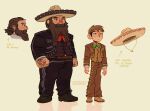  2boys artist_name black_jacket black_pants bow bowtie braid braided_beard brown_jacket brown_pants brown_vest chilchuck_tims clenched_hands dungeon_meshi dwarf facial_hair green_bow green_bowtie hand_hair hat highres jacket male_focus male_focusn mexican_clothes multiple_boys pants seagiri senshi_(dungeon_meshi) sombrero spanish_text standing unworn_headwear vest 