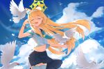  1girl absurdres alternate_costume animal_ear_fluff animal_ears bird blue_archive blue_eyes blue_skirt blue_sky cat_ears closed_eyes cloud flower fog._(pixiv26875950) hair_flower hair_ornament halo highres long_hair mari_(blue_archive) navel open_mouth orange_hair shirt skirt sky smile thighhighs white_shirt white_skirt white_thighhighs yellow_halo 