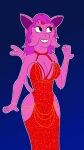 anthro big_breasts breasts clothing dress ear_piercing ear_ring eeveelution espeon eyeliner female fur generation_2_pokemon hair hi_res hollow_hip_backless_chain_dress jewelry lexi_cortez lipstick makeup nintendo piercing pink_body pink_fur pink_hair pokemon pokemon_(species) portrait purple_eyes red_clothing ring ring_piercing scoutthecat02 simple_background solo sparkles sparkling_clothing sparkling_dress thick_thighs