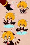  1girl 1other ? animal_ears black_coat black_pants blonde_hair blush coat commentary cotton_candy crying dante_(limbus_company) don_quixote_(project_moon) highres limbus_company long_hair musical_note nantekottawo!! open_mouth pants project_moon raccoon_ears raccoon_tail sitting smile sparkling_eyes tail washing yellow_eyes 