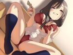  1girl bare_shoulders blush bra breasts brown_hair cleavage grey_eyes large_breasts long_hair long_sleeves looking_at_viewer original panties pokachu red_bra red_panties smile solo spread_legs thighs underwear 