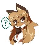 anthro averi_(fiddleafox) brown_body brown_eyes brown_fur canid canine female female_anthro fiddleafox fox fur gloves_(marking) hair hand_on_chin mammal markings question_mark simple_background solo white_body white_fur