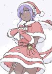  1girl alternate_costume arm_warmers bell blush bow capelet christmas cowboy_shot dark-skinned_female dark_skin dress fate/grand_order fate_(series) from_below fur-trimmed_capelet fur-trimmed_dress fur-trimmed_headwear fur_trim garter_straps gloves hair_between_eyes hassan_of_serenity_(fate) hat holding hyakuashi2525 long_hair looking_at_viewer open_mouth panties purple_eyes purple_hair red_capelet ribbon sack santa_costume santa_hat short_hair side-tie_panties simple_background solo standing thighhighs thighs translation_request underwear white_background white_panties white_thighhighs 