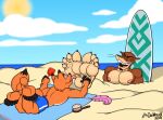  2019 anthro areola artist_name beach biceps brown_body brown_fur buried_in_sand canid canine clothed clothing detailed_background digital_media_(artwork) doritohead duo feathers feet fingers foot_fetish foot_lick foot_play fox fur green_eyes hi_res laugh licking long_tail lutrine lying male male/male mammal multicolored_body multicolored_fur muscular muscular_anthro muscular_male mustelid nipples on_front orange_body orange_fur outside parker_webb pecs sea seaside sharp_teeth signature smile surfboard swimming_trunks swimwear tan_body tan_fur teeth tickling tickling_feet toes tongue tongue_out topless topless_anthro topless_male two_tone_body two_tone_fur water whiskers 
