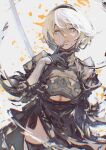  1girl black_gloves black_hairband black_legwear blue_hair breasts bright_pupils cleavage cleavage_cutout clothing_cutout gloves hair_between_eyes hairband hand_on_own_face highres holding holding_sword holding_weapon katana kazama_raita light_blue_hair light_smile mole mole_under_mouth nier_(series) nier_automata parted_lips puffy_sleeves reverse_grip smile solo sword teeth thighhighs weapon white_hair white_pupils yorha_no._2_type_b 