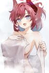  1girl blue_archive blue_eyes blush breasts collarbone fang halo hand_on_own_chest highres holding holding_towel horns large_breasts long_hair looking_at_viewer megu_(blue_archive) naked_towel nude open_mouth pointy_ears red_hair sakura_akami sidelocks skin_fang smile solo standing steam towel upper_body white_background 