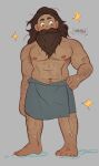  1boy after_bathing armpit_hair armpit_hair_peek bara beard brown_hair dark-skinned_male dark_skin dungeon_meshi dwarf facial_hair full_beard full_body hairy highres long_beard male_focus mattibad mature_male muscular muscular_male navel nipples senshi_(dungeon_meshi) solo sparkle_background sparse_chest_hair standing stomach thick_arm_hair thick_beard thick_leg_hair thick_mustache thick_navel_hair topless_male towel_around_waist 