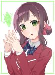  1girl :o absurdres blazer blue_bow blue_bowtie blush border bow bowtie brown_hair collared_shirt commentary diagonal-striped_bow diagonal-striped_bowtie diagonal-striped_clothes dress_shirt green_border green_eyes hair_bun hands_up highres inset_border jacket looking_at_viewer love_live! love_live!_school_idol_musical open_mouth own_hands_together parfait red_jacket shirt short_hair_with_long_locks sidelocks single_hair_bun solo steepled_fingers striped_clothes suzuka_rena swept_bangs teeth tetetsu_(yuns4877) upper_teeth_only white_background white_shirt 
