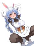  1girl absurdres animal_ear_fluff animal_ears arms_up blue_hair blush braid breasts eru_(l_illust45) full_body highres hololive large_breasts long_hair mature_female multicolored_hair pantyhose pekomama rabbit_ears rabbit_girl short_eyebrows solo spread_legs squatting tiptoes two-tone_hair virtual_youtuber white_hair 