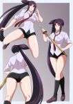  1girl ass back black_hair black_shorts breasts collared_shirt fate/grand_order fate_(series) full_body hair_bun hara_(harayutaka) highres loafers long_hair long_sleeves looking_at_viewer medium_breasts multicolored_eyes multiple_views necktie open_mouth orange_eyes parted_bangs purple_eyes shirt shoes shorts side_ponytail sidelocks single_side_bun taira_no_kagekiyo_(fate) thighs ushiwakamaru_(fate) very_long_hair white_shirt 