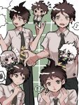  1girl 2boys :o ahoge blood blush blush_stickers chibi closed_mouth d: danganronpa_(series) danganronpa_2:_goodbye_despair frown green_necktie grey_shirt hand_up hinata_hajime ikemen&#039;na_ore-shi komaeda_nagito male_focus medium_hair multiple_boys nanami_chiaki necktie nosebleed notice_lines pink_hair shirt short_hair short_sleeves teeth upper_teeth_only 