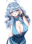  1girl absurdres ako_(blue_archive) ako_(dress)_(blue_archive) arm_up blue_archive blue_dress blue_eyes blue_hair blue_halo blush breasts center_opening cleavage cocktail_dress cowboy_shot cuffs dress earrings gganmaneul hair_between_eyes hairband halo highres jewelry large_breasts long_hair looking_at_viewer official_alternate_costume open_mouth shackles sideless_dress simple_background single_handcuff sleeveless sleeveless_dress smile solo turtleneck turtleneck_dress white_background 