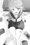  1girl absurdres animal_ears bike_shorts blue_archive blush boots commentary_request dot_nose feet_out_of_frame fox_ears gloves greyscale highres legs long_hair long_sleeves looking_at_viewer miniskirt mishio_(misio_40) monochrome neckerchief on_floor open_mouth otogi_(blue_archive) pleated_skirt ponytail sailor_collar school_uniform serafuku shirt shorts shorts_under_skirt simple_background sitting skirt smile solo unworn_boots white_background 