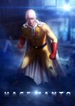  1boy bald belt black_belt black_eyes bodysuit cape clenched_hands closed_mouth commentary_request gloves looking_at_viewer male_focus one-punch_man red_gloves saitama_(one-punch_man) solo standing suit tai_(2vs) white_cape yellow_suit 