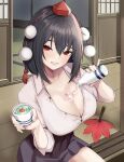  1girl alcohol black_hair black_skirt bottle breasts bust_cup cleavage collared_shirt commentary_request grin hat hauchiwa highres holding holding_bottle large_breasts long_sleeves partially_unbuttoned pom_pom_(clothes) pouring pouring_onto_self red_eyes red_hat ritseya sake seductive_smile shameimaru_aya shirt short_hair sitting skirt sleeves_rolled_up smile solo tokin_hat touhou wakamezake white_shirt 