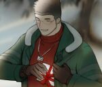  1boy bara brown_gloves brown_hair closed_eyes coat gift gloves green_coat grin holding holding_gift jewelry light_particles long_sideburns male_focus motoori_shiro necklace red_sweater ribbed_sweater short_hair sideburns smile solo sweater thick_neck tokyo_afterschool_summoners turtleneck tyou upper_body 