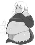  1girl absurdres blush breasts clenched_hand dark-skinned_female dark_skin elbow_gloves fat gloves greyscale hair_behind_ear hand_on_own_stomach highres looking_down ma_no_mono-tachi medium_breasts monochrome navel nimo_(b45ui) obese parted_lips pointy_ears solo tail thighhighs third_eye white_background 