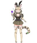  1girl alcohol animal_ears bunny_garden cat_ears cat_girl cat_tail cup elbow_gloves extra_ears fingerless_gloves full_body gloves grey_hair haro_(halo_kabe) highres holding holding_cup jacket jungle_cat_(kemono_friends) kemono_friends kemono_friends_v_project long_hair looking_at_viewer microphone parody rabbit_ears ribbon shoes simple_background skirt sleeveless solo tail thighhighs twintails virtual_youtuber 