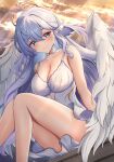  1girl absurdres alternate_costume angel_wings aqua_eyes bare_legs bare_shoulders blush breasts cleavage collar collarbone commentary_request dress feet_out_of_frame hair_between_eyes halo head_wings highres honkai:_star_rail honkai_(series) large_breasts looking_at_viewer robin_(honkai:_star_rail) shouhaku0512 sitting smile solo white_collar white_dress wings 