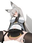  1girl absurdres animal_ear_fluff animal_ears black_thighhighs blush breasts cuffs flasso grey_hair hair_between_eyes handcuffs highres large_breasts long_hair looking_at_viewer navel necktie original shirt simple_background skirt tail thighhighs white_background white_shirt yellow_eyes 