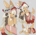  ! 1other :3 animal_ears body_fur colored_eyelashes furry grey_background hat highres horns long_hair looking_at_viewer looking_to_the_side made_in_abyss multiple_views nanachi_(made_in_abyss) on_floor open_mouth other_focus pants pouch puffy_pants rabbit_ears red_hat red_pants sidelocks simple_background tail uis0 whiskers white_hair yellow_eyes 