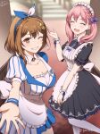  1girl :d ;) alternate_costume apron atelier_(series) atelier_escha_&amp;_logy atelier_ryza atelier_ryza_3 black_dress blue_dress blue_hairband blurry blurry_background braid breasts brown_eyes brown_hair choker commentary crown_braid detached_collar dress enmaided escha_malier facing_viewer hair_ornament hairband hairclip hari_(gorse6my) in-franchise_crossover large_breasts long_hair looking_at_viewer maid maid_apron maid_headdress one_eye_closed pantyhose parted_lips pink_hair reaching reaching_towards_viewer reisalin_stout short_hair signature single_sidelock smile standing standing_on_one_leg star_(symbol) star_choker striped_clothes striped_dress twintails twitter_username two-tone_dress two-tone_hairband white_dress white_hairband white_pantyhose wing_collar x_hair_ornament 