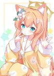  1girl alternate_costume animal_ear_fluff animal_ears blue_archive blue_eyes blush breasts cat_ears closed_mouth fingernails flower hair_between_eyes hair_flower hair_ornament halo long_hair long_sleeves looking_at_viewer mari_(blue_archive) orange_hair pajamas small_breasts solo subin_(subin_2011) twitter_username white_flower yellow_halo yellow_pajamas 