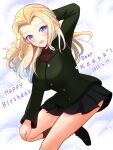  1girl arm_behind_head birthday black_footwear black_skirt black_socks blonde_hair blue_eyes character_name clara_(girls_und_panzer) commentary dated english_text girls_und_panzer green_jacket hand_on_own_knee happy_birthday highres jacket kumaisao leg_up long_hair long_sleeves looking_at_viewer miniskirt mixed-language_text open_mouth pleated_skirt pravda_school_uniform red_shirt russian_text school_uniform shirt shoes skirt smile socks solo standing standing_on_one_leg turtleneck 