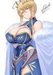  1girl absurdres ahoge armor artoria_pendragon_(fate) artoria_pendragon_(lancer)_(fate) bare_shoulders blonde_hair blue_gloves blue_legwear blue_leotard blue_skirt braid breasts cape cleavage cleavage_cutout clothing_cutout covered_navel crown elbow_gloves fate/grand_order fate_(series) faulds french_braid fur-trimmed_cape fur_trim gloves green_eyes hair_between_eyes highleg highleg_leotard highres large_breasts leotard long_hair looking_at_viewer off_shoulder pelvic_curtain shiiki_(love-saber) sidelocks skirt solo thighhighs thighs white_cape 