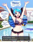  1girl alternate_costume artist_name bangs bare_shoulders bikini black_bow blushy-pixy bow breasts cleavage collarbone commentary drill_hair english_text gwen_(league_of_legends) hair_bow highres large_breasts league_of_legends long_hair looking_at_viewer navel shiny shiny_hair smile solo speech_bubble swimsuit twintails 