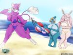 anthro big_breasts bikini breasts clothing female generation_1_pokemon generation_3_pokemon generation_4_pokemon glameow group hi_res mudkip nintendo pokemon pokemon_(species) stolen_clothing swimwear trio vool_jin_cortes wide_hips wigglytuff