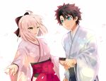  1boy 1girl ahoge aqua_eyes black_bow black_hair blonde_hair bow cherry_blossoms cimeri closed_mouth commentary_request fate/grand_order fate_(series) fujimaru_ritsuka_(male) hair_bow holding_hands japanese_clothes kimono okita_souji_(fate) okita_souji_(koha-ace) one_eye_closed open_mouth short_hair white_background yellow_eyes 