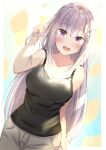  1girl bare_shoulders black_tank_top blush breasts brown_pants collarbone commission contemporary cowboy_shot emilia_(re:zero) hair_ornament highres holding holding_hair long_hair looking_at_viewer medium_breasts open_mouth pants purple_eyes re:zero_kara_hajimeru_isekai_seikatsu simple_background skeb_commission smile solo standing tank_top tomaco white_hair x_hair_ornament 